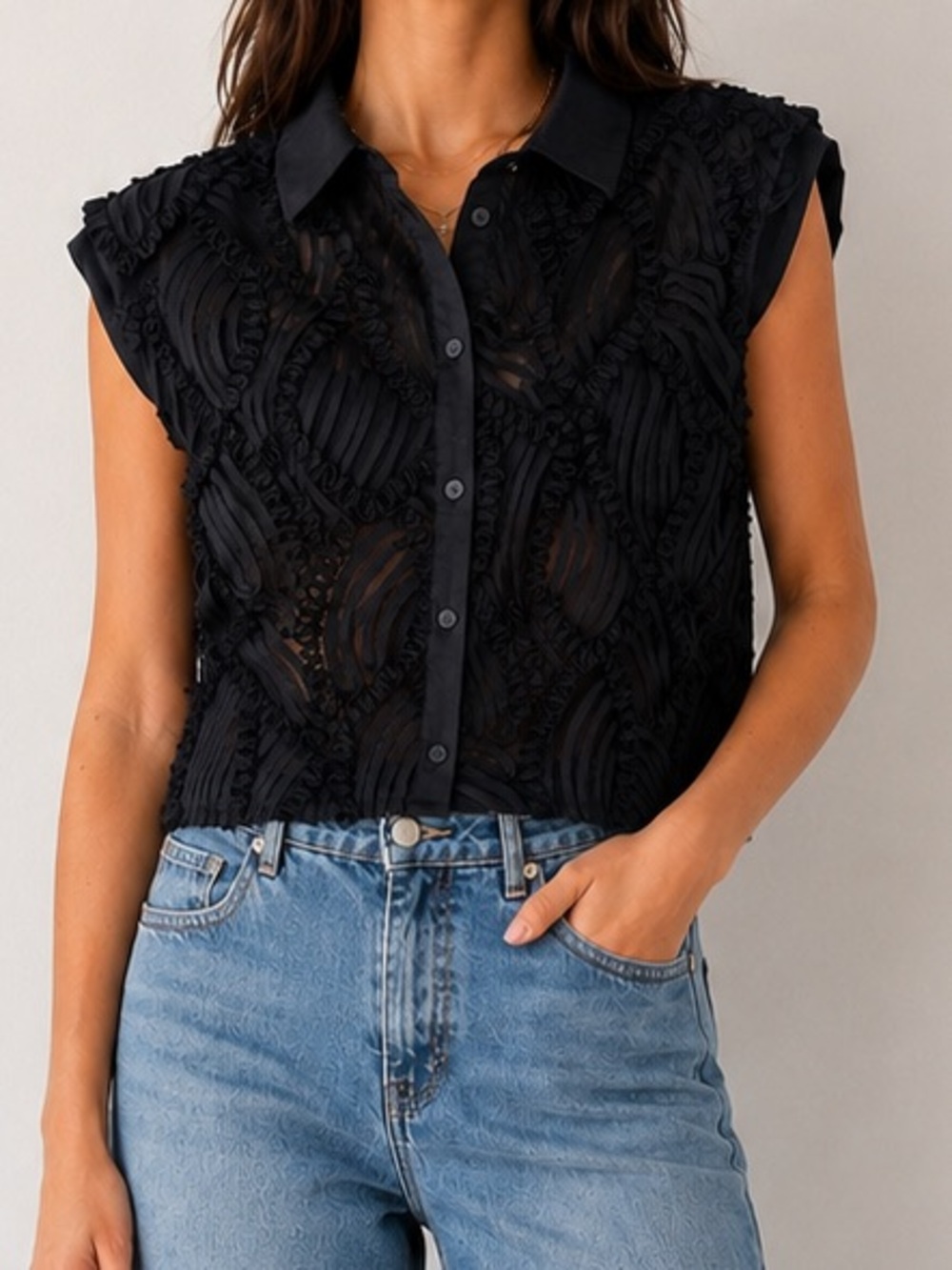 Adrianna Papell Textured Sheer Blouse XL Black Sleeveless Button Front Top NWT
